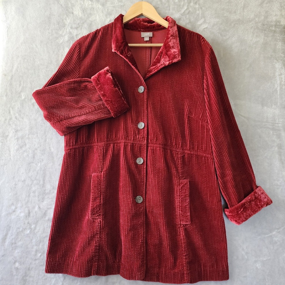 J. Jill Corduroy Jacket Womens Size Large Velvet Trim Pleated Back Button Up